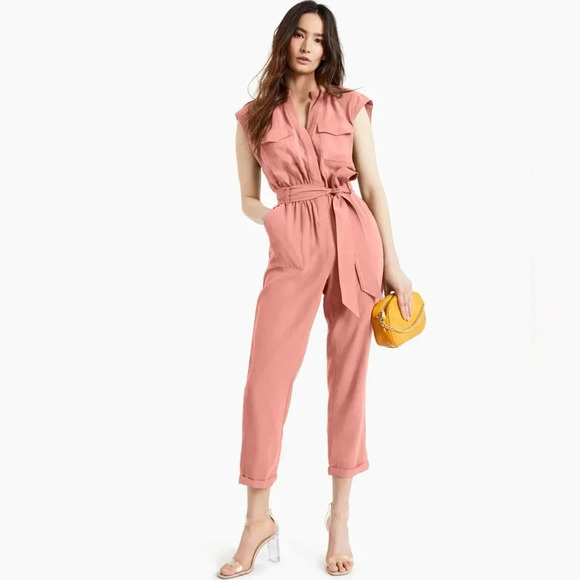 INC International Concept Ultility Jumpsuit Womens Size 2 Pink Cap Sleeve - Picture 1 of 12